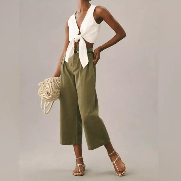 NWT Anthropologie Maeve $128 Remi Wide-Leg Crop Chino Pants Green Size 8 Boho - Picture 1 of 13